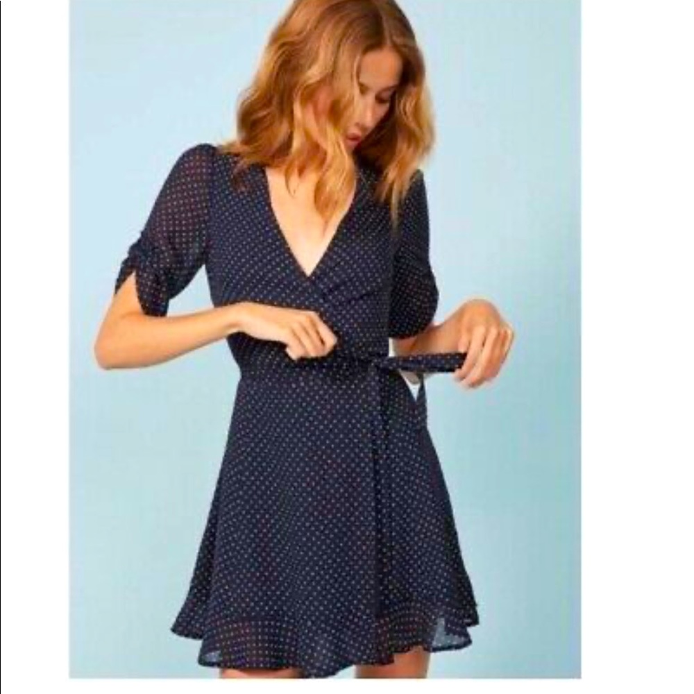 Reformation polka dot mini wrap dress